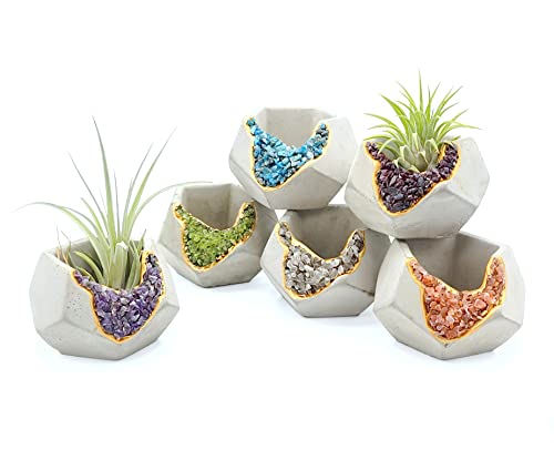 My Urban Crafts 6 Pack Small Crystal Cement Pots - Unique Air Plant Holders - 3 Inch Mini Geode Concrete Plant Pots with Drainage Hole - Geometric Succulent Pots - Decorative Tealight Candle Holders
