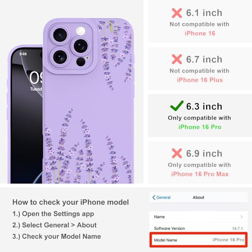 Image of Designed for iPhone 16 Pro Case, Cute Lavender Flower Floral Pattern Design, Slim Soft TPU Liquid Silicone Protective Cover for Women Girls - Purple
