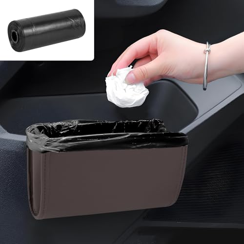 Image of Hovom Car Trash Can, Leather Waterproof Automotive Garbage Can with Trash Bag, Hanging Mini Vehicle Trash Bin, Small Auto Door Organizer Storage Pouch, Universal Car Accessories (Brown)