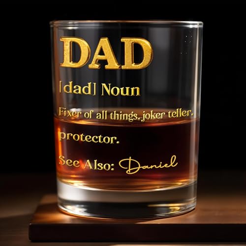 ALMAGEMSUS Personalized Dad Whiskey Glass, Custom Name Bourbon Tumbler for Men, “Dad Noun Fixer of All Things Joker Teller Protector” Engraved Quote Gift Idea for Birthday Father Day