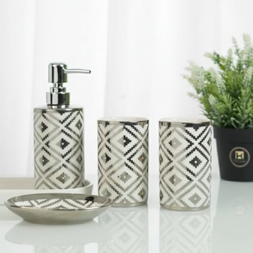 Image of Kookee Ceramic Bathroom Accessories Set of 4, Modern Bath Set with Liquid handwash Soap Dispenser and Toothbrush Holder, Luxury Gift Accessory for Home (12229)