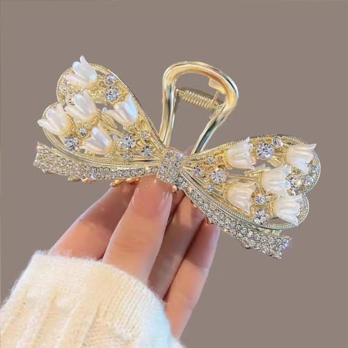 Image of Diversa Rhinestone Golden Claw Clip, Embellished Korean Clutcher, Non- Slip Metal Claw Clip for Girls, Fancy Clutcher for Women, Pack of 1 (Bow)