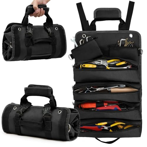 Adiwo Sac à outils, pliable, enroulable et robuste, pochette à outils avec 2 pochettes à outils amovibles, organiseur multifonction pour mécanicien,...