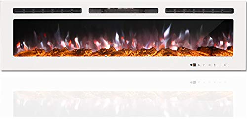 ERGOSOFT Electric Fireplace Touch Screen Glass Panel Colorful Flame Insert Wall Mounted Heater Remote Control with Crystal&Log Set,1500 750W (60 inch, White)