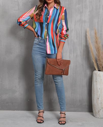 Blouses for Women Aesthetic Button Down Shirts Long Sleeve Dressy Casual Floral Tops Fall Outfits for Women 2025 Trendy - Green Mix Striped M4