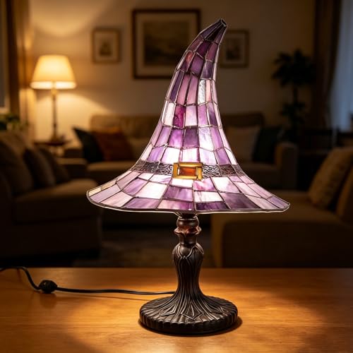 Fenudox Stained Glass Witch Hat Lamp Halloween Decoration Light USB Powered Resin Night Light Resin Witch Hat Retro Gothic Halloween Table Lamp for Bedroom Bookshelf Mantel Party Decor 30cm A