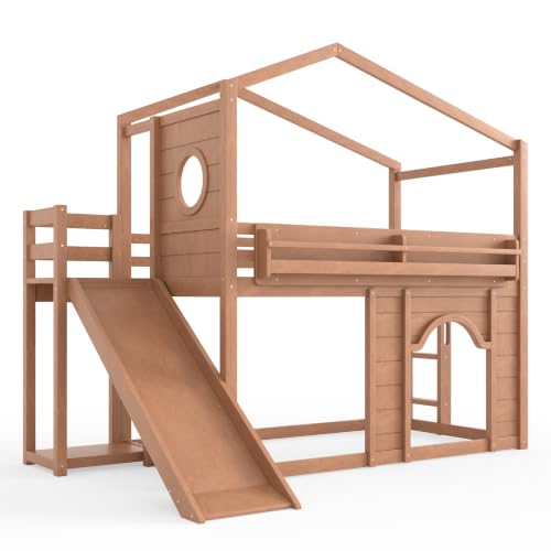 Image of Bellemave Bunk beds Twin Over Twin with Slide,Bookshelf and Wardrobe House roof Design, Low bunk /loft Bed for Kids, Natural