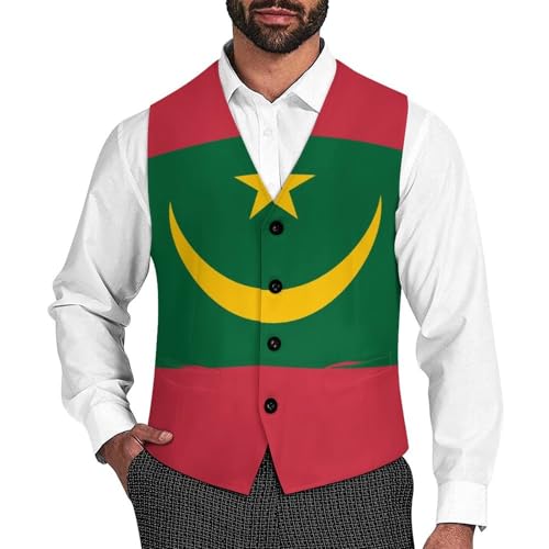 Mauritania Flag Suit Vest for Men Slim Fit Tuxedo Waistcoat Button Down V Neck Business Dress Coat