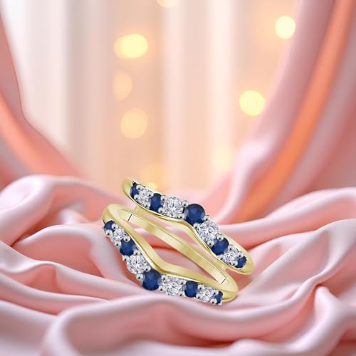 1.10Ctw Round Cut Diamond & Sapphire Engagement Wedding Enhancer Wrap Guard Ring 925 Sterling Silver 14k Yellow Gold Finish4