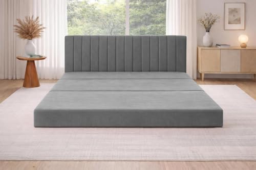 Image of Rosebell -Three Seater Armless Sofa Cum Bed with Backrest | Soft Velvet Fabric Finish | Modern Living Room & Bedroom -Grey-Color