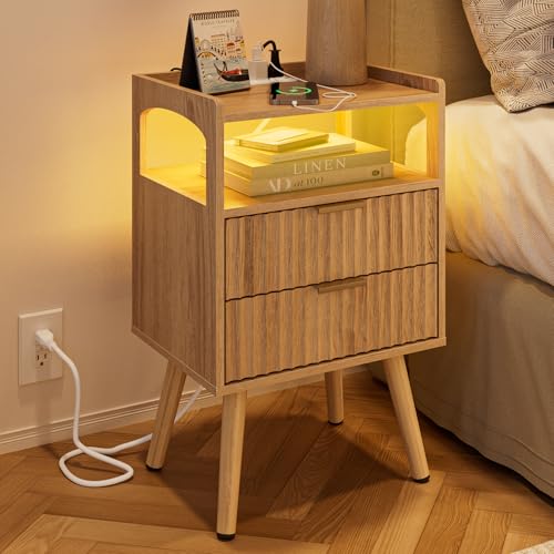 AEPOALUA Nightstand with Charging Station and LED Lights,Modern Bedside Table with 2Drawer and Open Shelf,Oak Night Stand with Solid Wood Legs,End Table for Living Room、Bedroom and Small Spaces