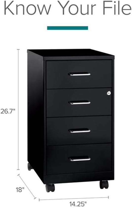 Pemberly Row Contemporary Metal Mobile Organizer, 4 Drawers, 18" Deep, Black Finish, Smooth Glide Suspension, Locking Top Drawers, Easy Roll Casters, Office Storage Cabinet for Home or Dorm Room Use