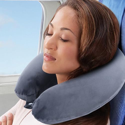 Image of Memoir Memory Foam U-Neck Travel Pillow - Grey | Neck Support | Round Shape | Soft Velvet Cover | Men & Women