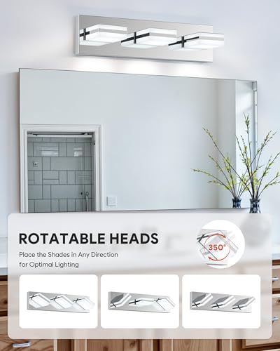 Image of VONLUCE Bathroom Vanity Light Fixture, 3-Light Modern LED Vanity Lights, 3CCT Adjustable Bathroom Light with Memory Function Rotatable Shades, 18 inch Wall Lighting Fixture Over Mirror, Chrome