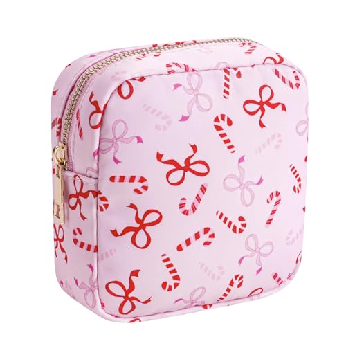 RSRSLEII Small Waterproof Nylon Makeup Bag with Bow Pattern, Aesthetic Cosmetics Pouch and Toiletry Bag for Travel, Cute Pink Makeup Organizer Storage Pouch for Women Girls(07Bow Cane)