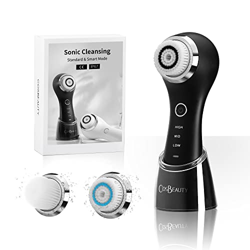 COSBEAUTY Brosse nettoyante pour le visage 【2022 NOUVEAUTÉ】 Brosse faciale à vibration sonique,5 têtes 3 niveaux 2 modes intelligents pour un nettoyage doux et quotidien - Noir Cover