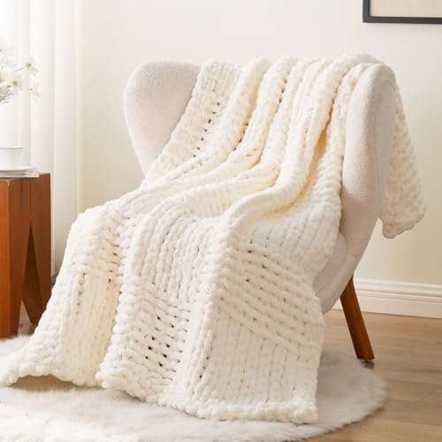 Bunnikins & Clover Cream White Hand Knitted Blanket with Chenille Yarn, Chunky Knit Ivory Throw Blanket for Bed Living Room Home Decor, 50"x60"