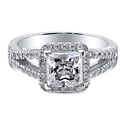 BERRICLE Sterling Silver Halo Wedding Engagement Promise Rings Split Shank Ring for Her, Princess Cut Cubic Zirconia CZ4
