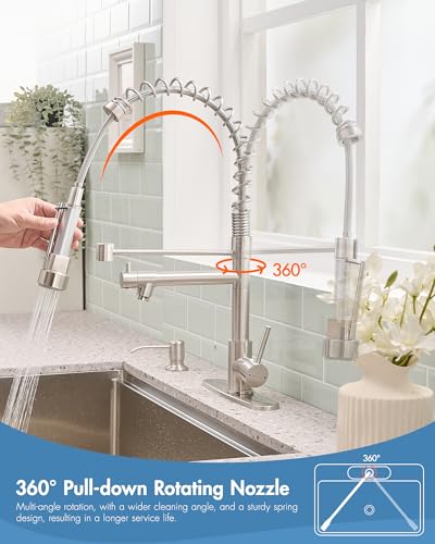 Image of AIMADI Kitchen Faucet with Soap Dispenser and Deck Plates, Brushed Nickel | Spring Single Handle Kitchen Sink Faucet with Pull Down Sprayer for Farmhouse Laundry Camper RV Bar,1 or 3 Hole