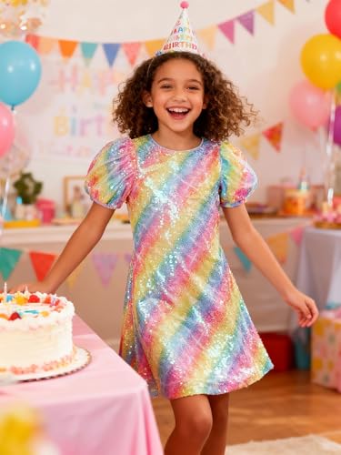 Image of WELAKEN Girls Ombre Sequin Dress Sparkly Fancy Short Puff Sleeves Gradient Party Dress