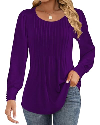 Cuptacc Langarmshirt Damen Elegant Rundhals Plissee Pullover Damen Puffärmel Mit Button Tunika Dunkelviolett Klein S 34-36