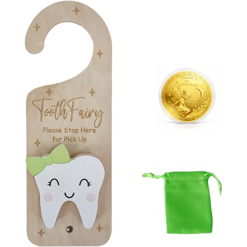 Tooth Fairy Door Hanger, Wooden Tooth Fairy Money Holder with Tooth Coins for Lost Tooth Kids Gifts (Green)