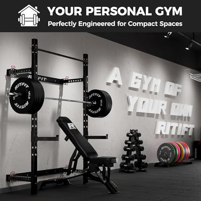 RitFit Multi-Functional Folding Squat Rack for Home Gym, 2.36'' x 2.36'' Wall Mounted Squat Rack with Attachments - Space Saving Squat Power Rack