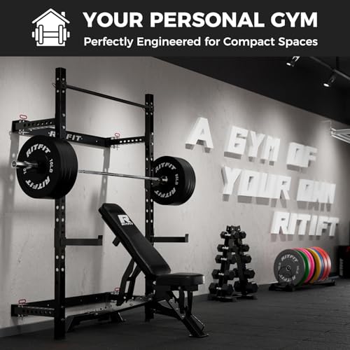 RitFit 2.36'' x 2.36'' Folding Squat Rack for Home Gym, Wall Mounted Squat Rack with Attachments - Space Saving Squat Power Rack, Black