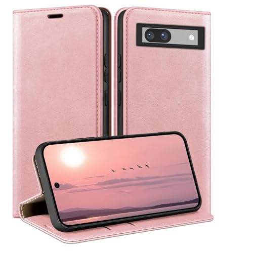 Coque pour Google Pixel 7A etui à rabat cuir premium or rose avec case portefeuille RFID