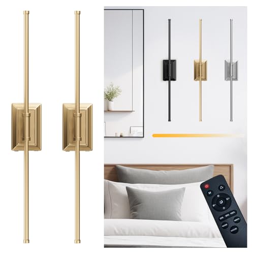 Battery Operated Wireless Wall Sconce - Rechargeable Led Sconces Set of two | Modern in Black Gold Silver - Bedroom Decor Lights - Long Indoor Bathroom Living Room Remote Wall Light(Gold,24in,2PK)