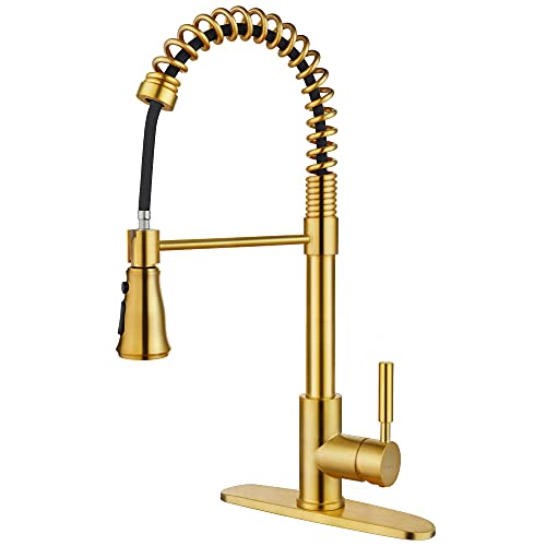 SOKA Kitchen Sink Faucet with Dual Function Solid Single Handle w/ Deck Plate Pull Down Sprayer Spring Kitchen Faucet , Brushed Gold (SK5001AR)
