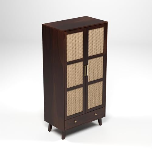 Image of PS DECOR Solid Sheesham Wood Wardrobe with Cane Rattan Doors | Modern Wooden Storage Almirah with Drawer | 2 Door Clothes Cabinet for Bedroom & Living Room (Walnut Finish)
