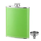 FYL 8 Oz Leak Proof Green Leather Cover Flask for Liquor and Funnel, 18/8 Stainless Steel Great Gift...