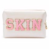 Lcpadri Preppy Makeup Bag, Stuff Bag Preppy Travel Makeup Organizer Patch Large Varsity Stoney Clover Skin Care Cosmetic Toiletry Bag, PU Leather Waterproof Portable Pouch Storage Purse