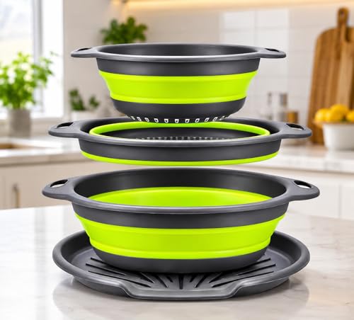 Image of Collapsible Silicone Colander Set of 3 with Drain Tray, Foldable Kitchen Colander with Handles, Fruits, Vegetables, Pasta & Kitchen Storage, Space Saving (Green & Grey)