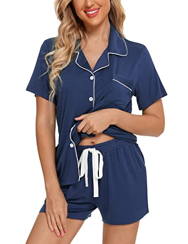 Image of Pjmlifecoco Women's Modal Pajama Set Short Sleeve Button Down Two Piece Soft Sleepwear with Shorts Loungewear S-XXL