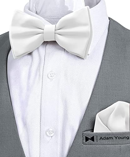 Image of Adam Young Men's Bow Ties with Handkerchief Pre-Tied Style Formal Satin Classic Bowtie for Tuxedo Faux Silk