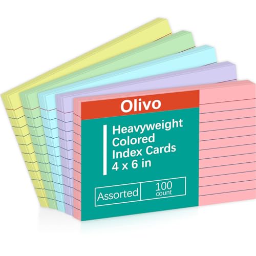 Olivo Colored Index Cards 4x6 Lined Ruled Flash Note Cards, 100 Count