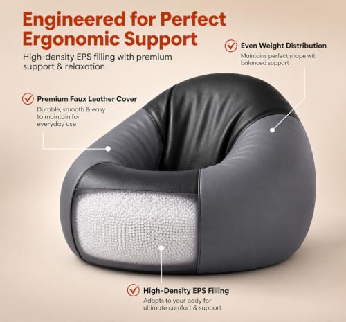 Image of Sattva Classic 3XL Bean Bag Chair with Beans Filled | Sofa Style Faux Leather Beanbags with Beans | Comfortable Bin Bags Sofa for Adults & Teens, Living Room & Office | Black & Grey