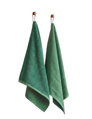 Image of DAMENSCH Unisex Premium Bamboo Blend, Ultra-Soft, Absorbent, Dual Waffle and Terry Texture Waffle Hand Towel - Forest Green - Pack of 2