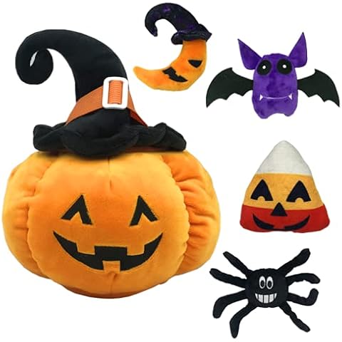 5pc Halloween Fluffy Stuffed Pumpkin Throw Pillow set,Include 30CM Pumpkin Pillow Plush Toy,Demon Bat Plush Toy,Spider Stuffed Animal Toy,Moon Plush Figures,Candy Doll,Halloween hat Pumpkin Decorative Cover