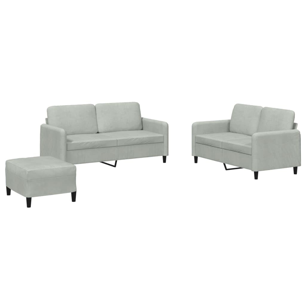 Juego de 3 sofás de terciopelo gris claro, 2 sofás de 2 plazas con reposapiés, diseño moderno, marco de metal resistente, acolchado cómodo para salón, opción en forma de L