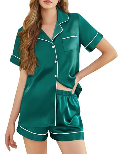 Image of Silk Pajamas for Women Short Sleeve Sleepwear Soft Button Down Loungewear 2 Piece Satin Pjs Shorts Set S-XXL
