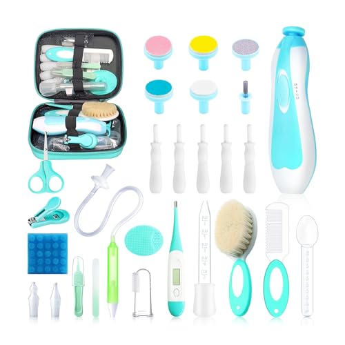 Image of Baby Healthcare and Grooming Kit, 28 in 1 Portable Baby Essentials Kit Electric Nail Trimmer Set with Gas Relief Hair Brush Comb Nasal Aspirator for Newborn Boys Girls (Green)
