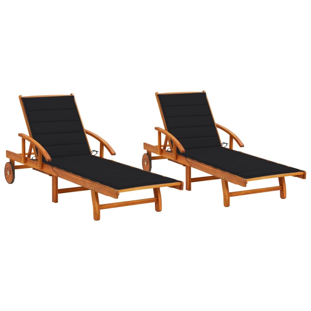 Sonnenliegen 2 STK. mit Auflagen Massivholz Akazie Feldbett Gartenliege Strandkorb Geeignet für Pool, Terrasse, Garten.