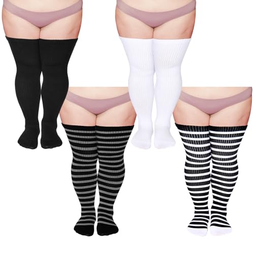 8 Pcs Plus Size Women Thigh High Socks for Thick Thighs Extra Long Striped Thick Knitted over Knee Leg Warmer