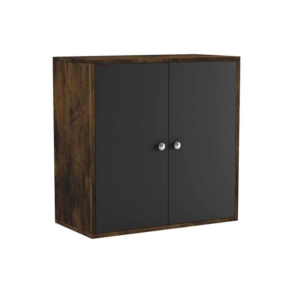 URBNLIVING 2 Tier Wooden Storage Cabinet Cupboard with Shelves Optional Doors Bedroom Bedside Unit Living Room Hallway Furniture (Rustic Brown & Black Door)