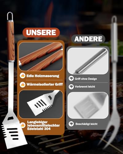 Grillbesteck Set, 3-teilig Edelstahl Grill Zubehör mit Tragetasche, Umfassendes Grillbesteck für das Grillen im Freien, Camping, Grillzubehör BBQ, Professionelle Grillzubehör für Männer Frauen