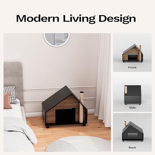 Wooden Cat House Outdoor Indoor, Durable Pet House for Cats, Indoor Cat Lodge, Cat House with Air Vents, Easy Clean and Assemble, Modern Style Cottage Look, Black Walnut - Thumbnail 7