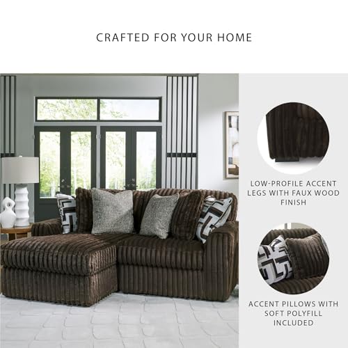 Image of Signature Design by Ashley 2-Piece Sectional Sofa with Chaise, Brown | 100% polyester jumbo corduroy, Compact L shaped layout, Engineered wood frame, Includes 6 pillows, Midnight-Madness